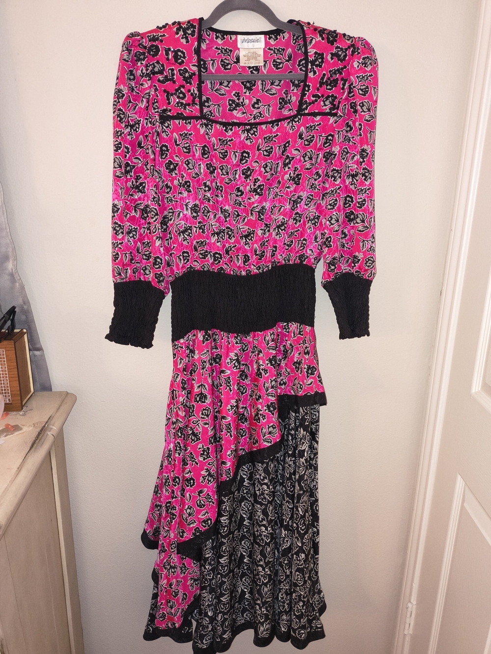 Vintage 1980s Misses' Hot Pink Black Floral Sequin Shoulder Pad Dress Smocked